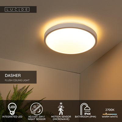 Lucide DASHER - Flush ceiling light Bathroom - Ø 41 cm - LED - 1x24W 2700K - IP44 - Motion Sensor - White